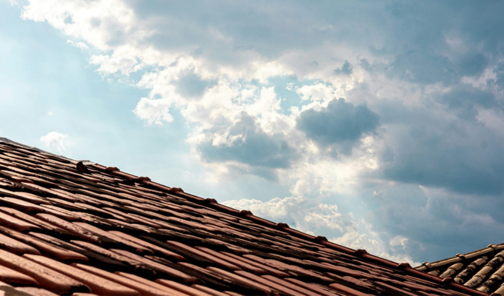 Severe weather looming over roof.